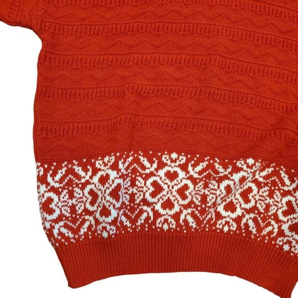 Vintage 90s Red Mockneck Sweater Hearts Balloon Sleeve Textured Nordic Sz‎ S/M - Picture 4 of 8